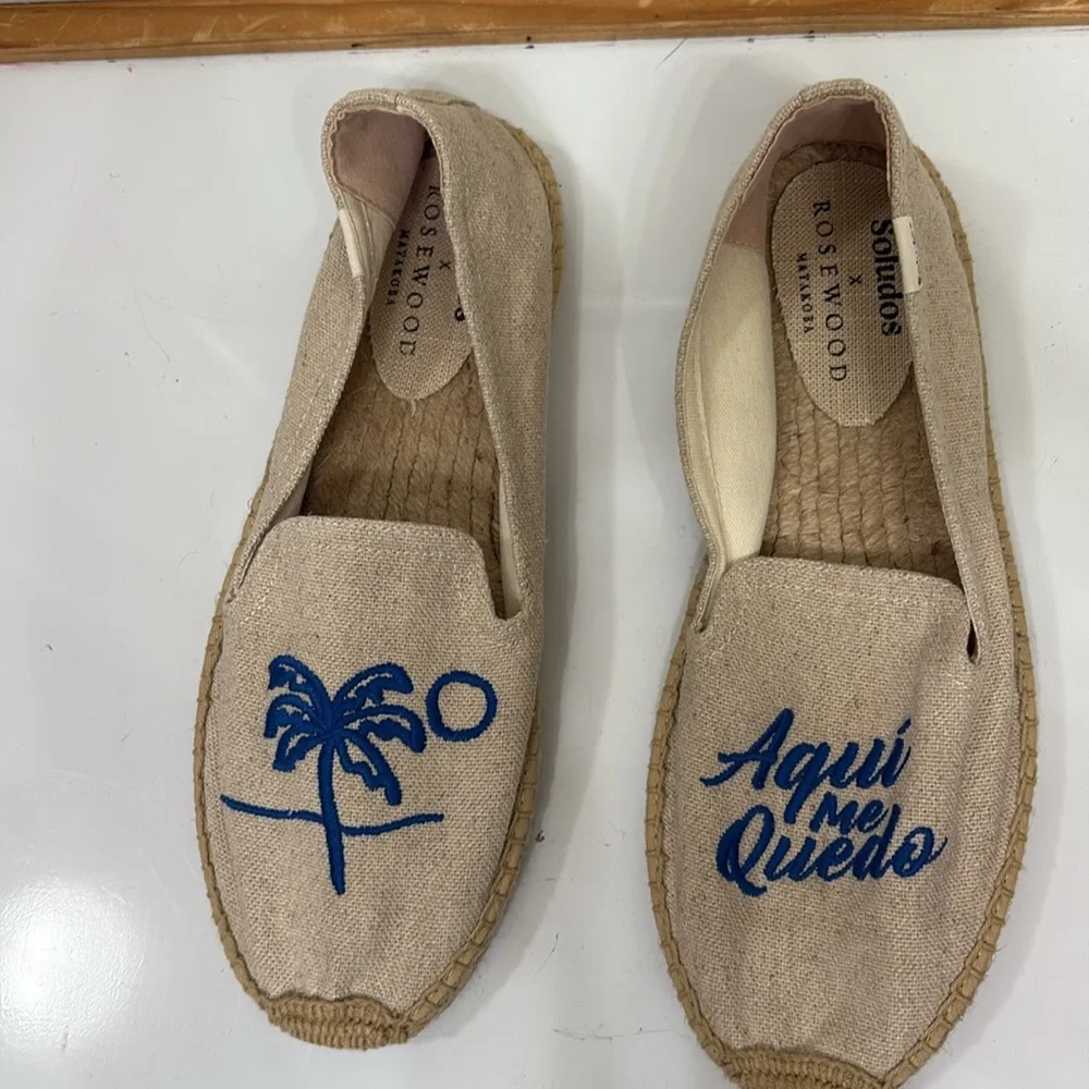Soludos Natural Canvas Espadrilles with Blue Palm and Script
